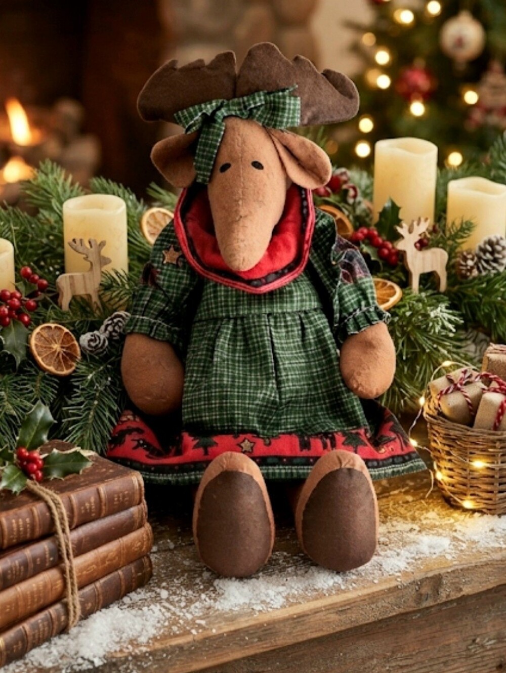 Handmade Christmas Holiday Moose Doll in Green Plaid Dress with Red Trim